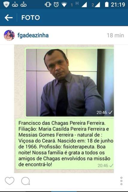 Fisioterapeuta Chagas está desaparecido